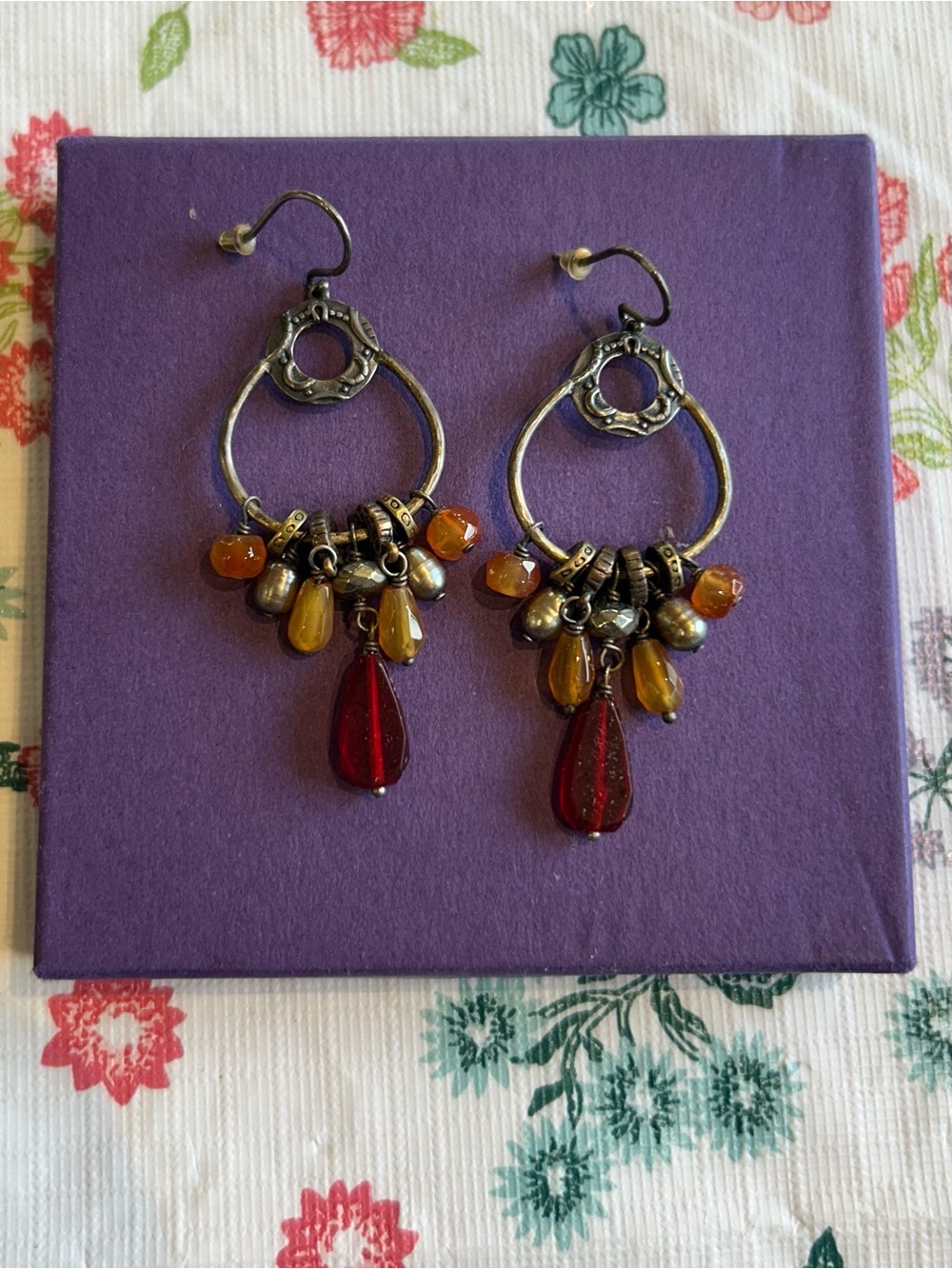 Bohemian Red and Amber Teardrop dangle Earrings